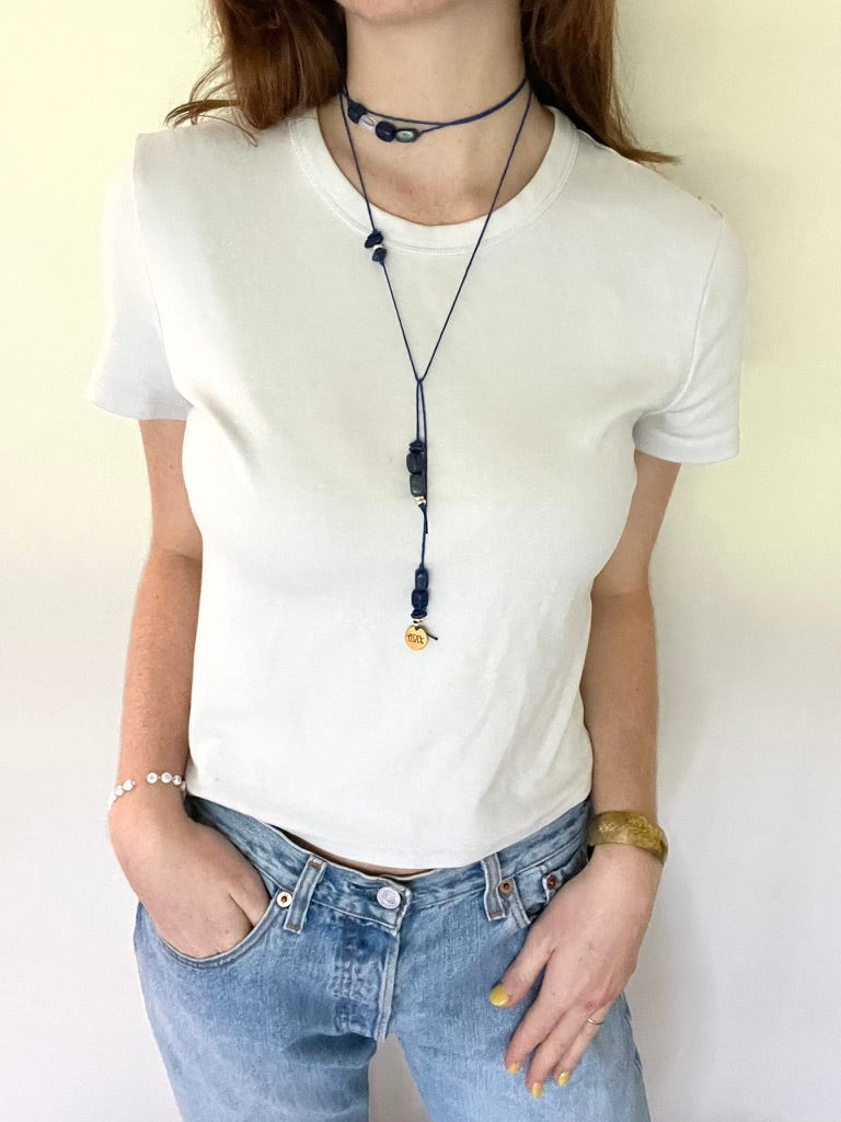 The Azul by LAZO Collective: lapis lazuli cube bead wrap necklace on blue cord